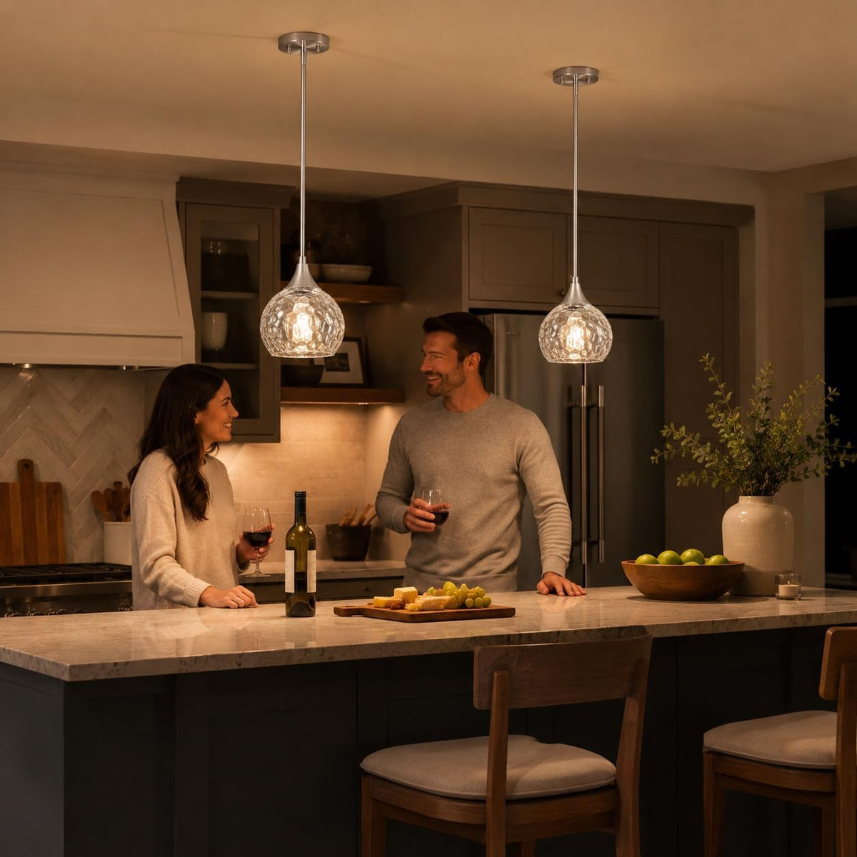 Brushed Nickel Glass Kitchen Pendant Light Fixture