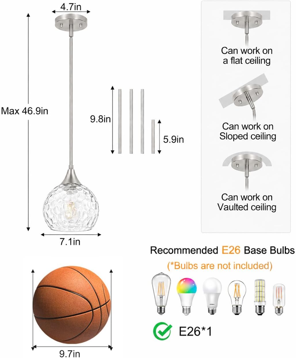 Brushed Nickel Glass Kitchen Pendant Light Fixture