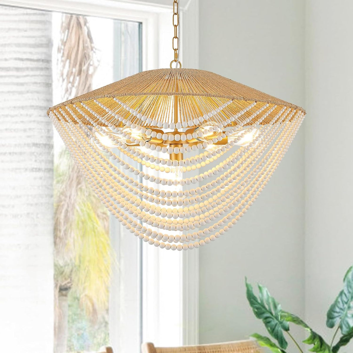 Large Boho Rattan Wood Beaded Pendant Light