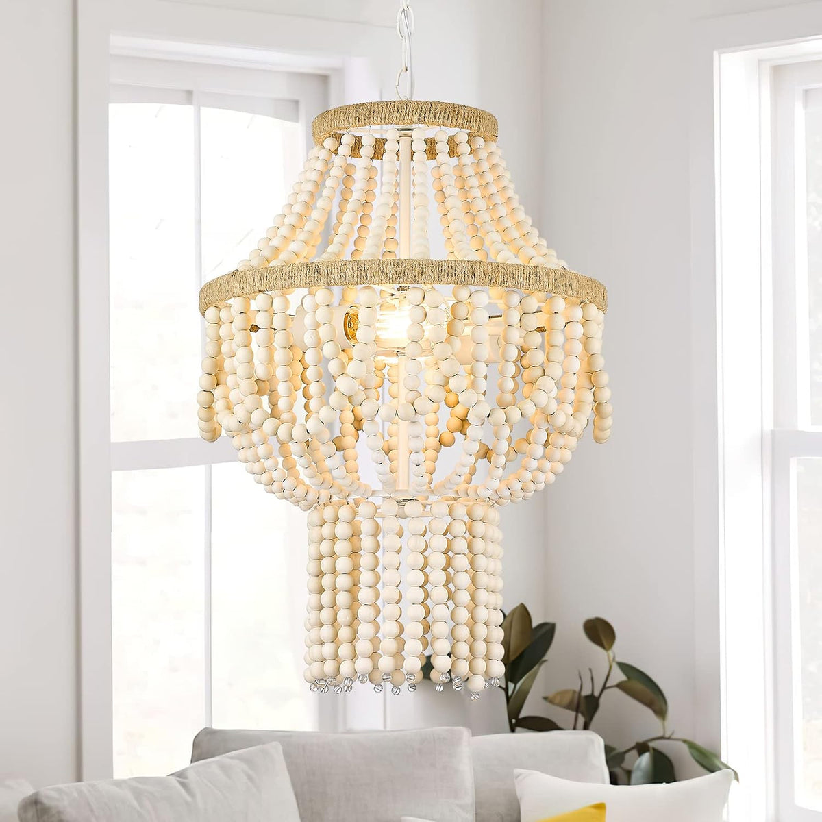 Boho Wood Beaded Pendant Chandelier Light