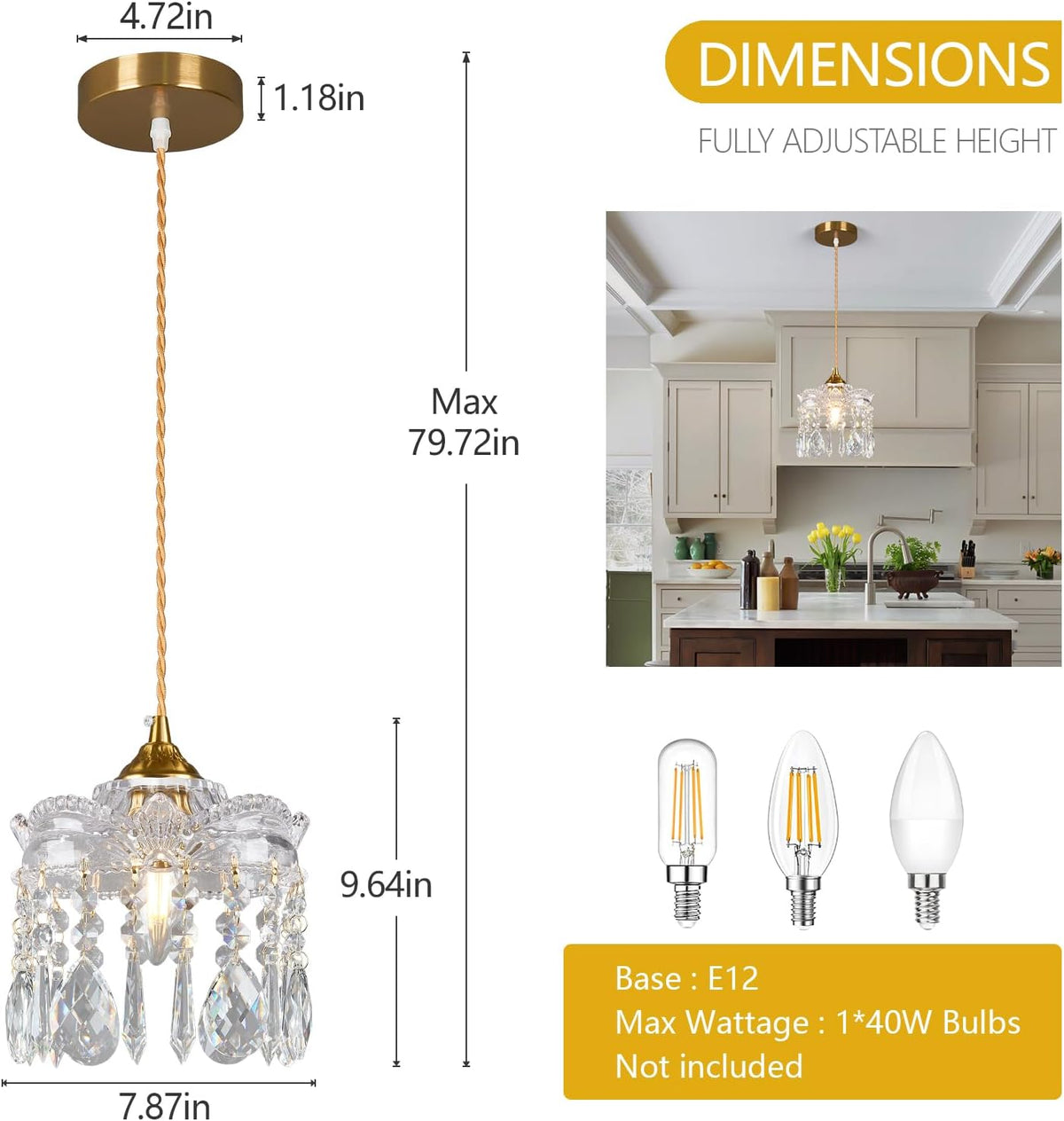 Vintage Brass Glass Pendant Light Fixture