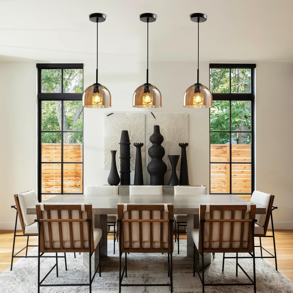Black Ribbed Amber Glass Pendant Light Fixture
