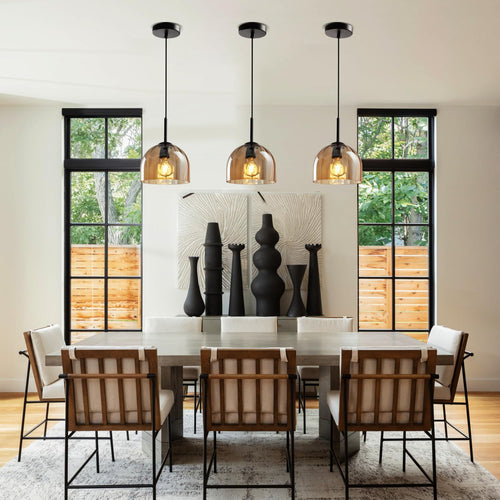 Black Ribbed Amber Glass Pendant Light Fixture