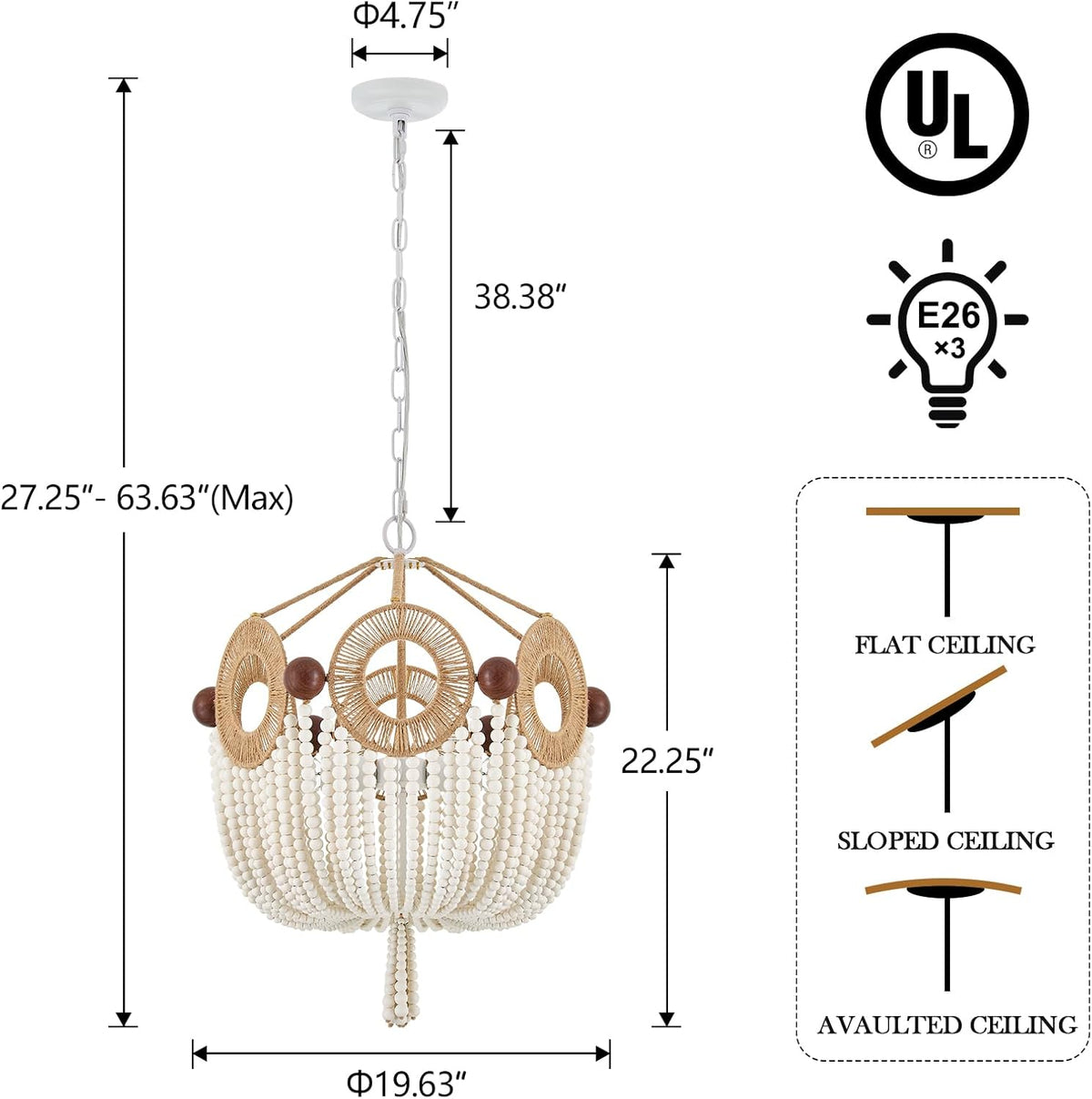 Boho Rattan Wood Beaded Pendant Light Fixture