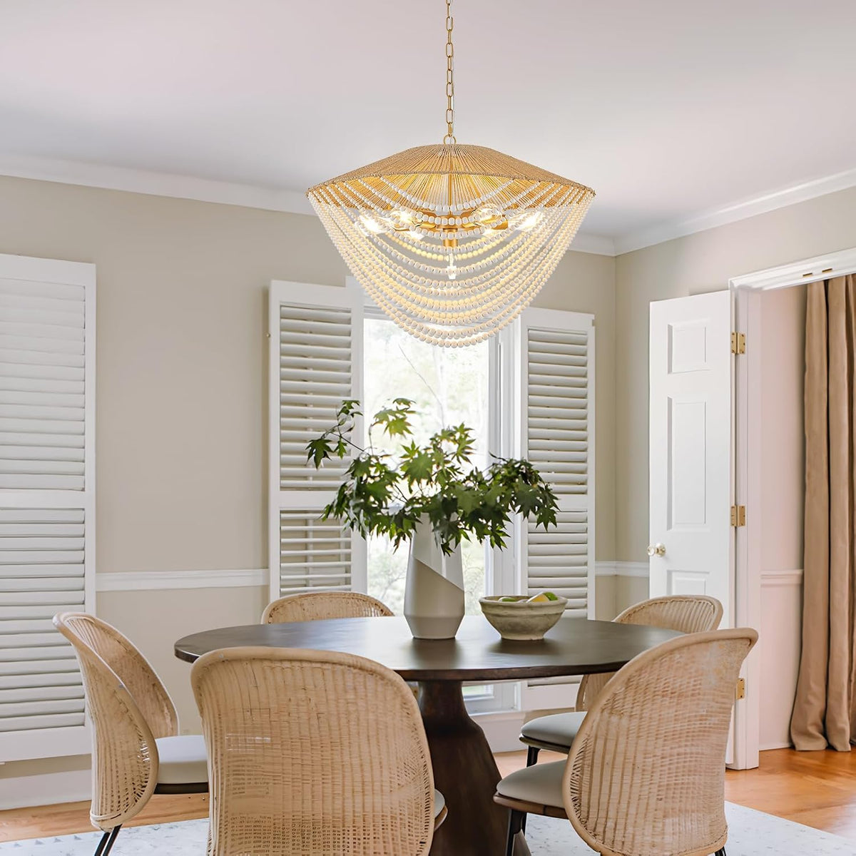 Large Boho Rattan Wood Beaded Pendant Light