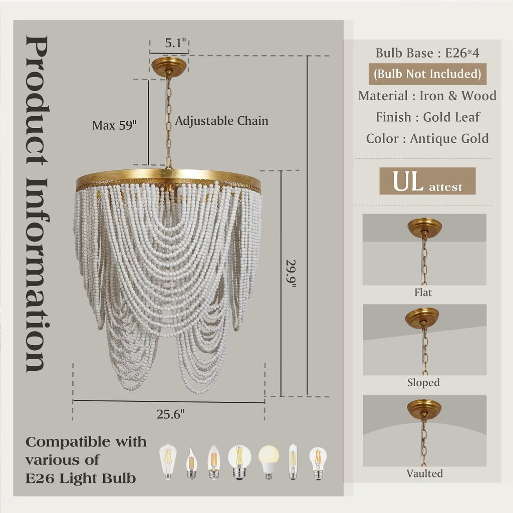 Boho Wood Beaded Entryway Chandelier Light