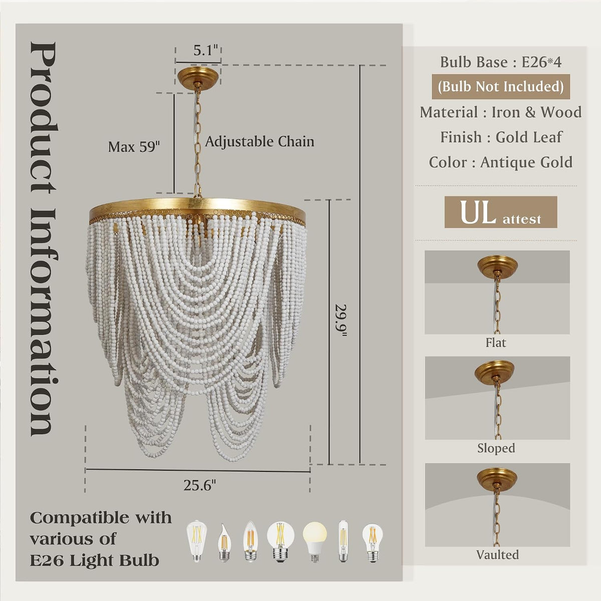 Boho Wood Beaded Entryway Chandelier Light