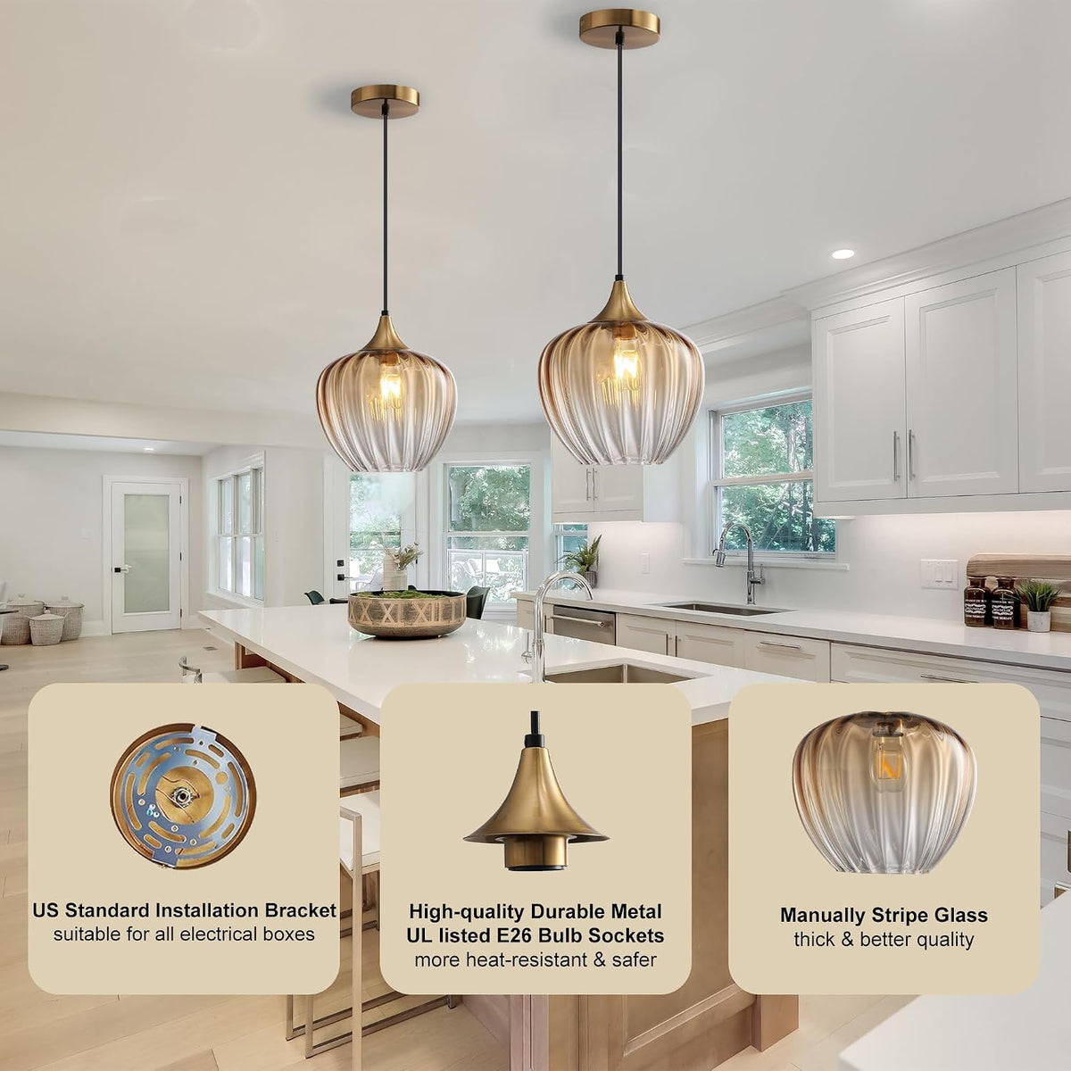 Amber Glass Kitchen Island Pendant Light Fixture