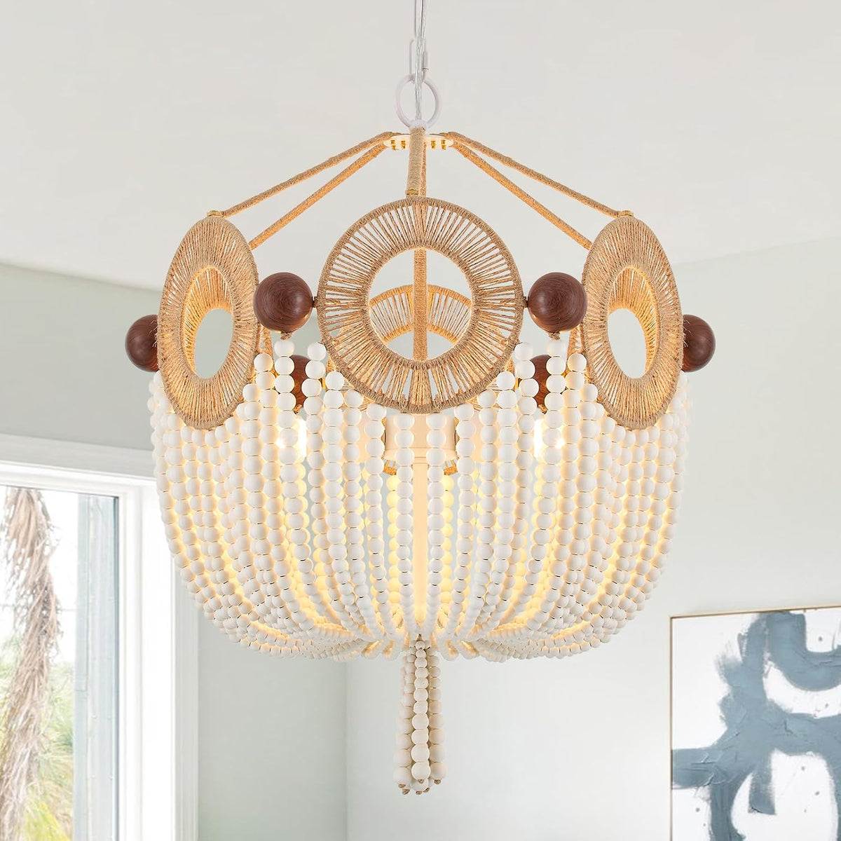 Boho Rattan Wood Beaded Pendant Light Fixture