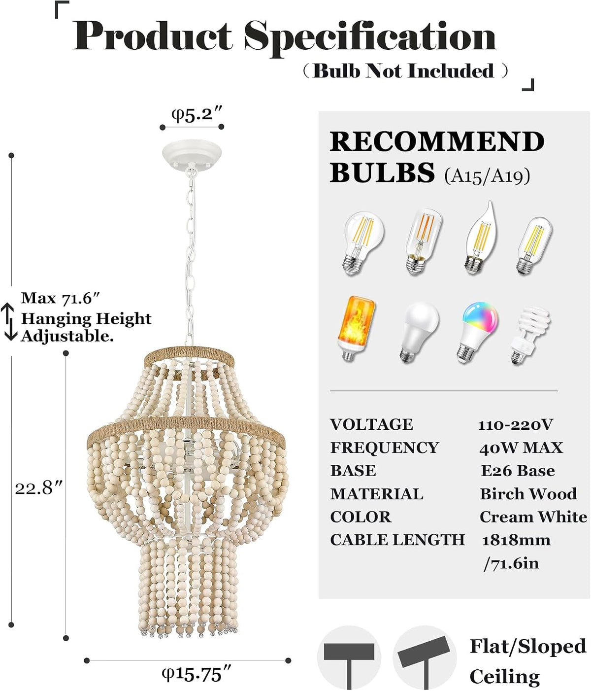 Boho Wood Beaded Pendant Chandelier Light