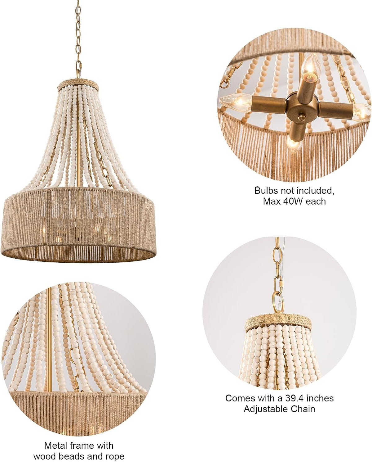 Farmhouse Wood Beaded Chandelier Light