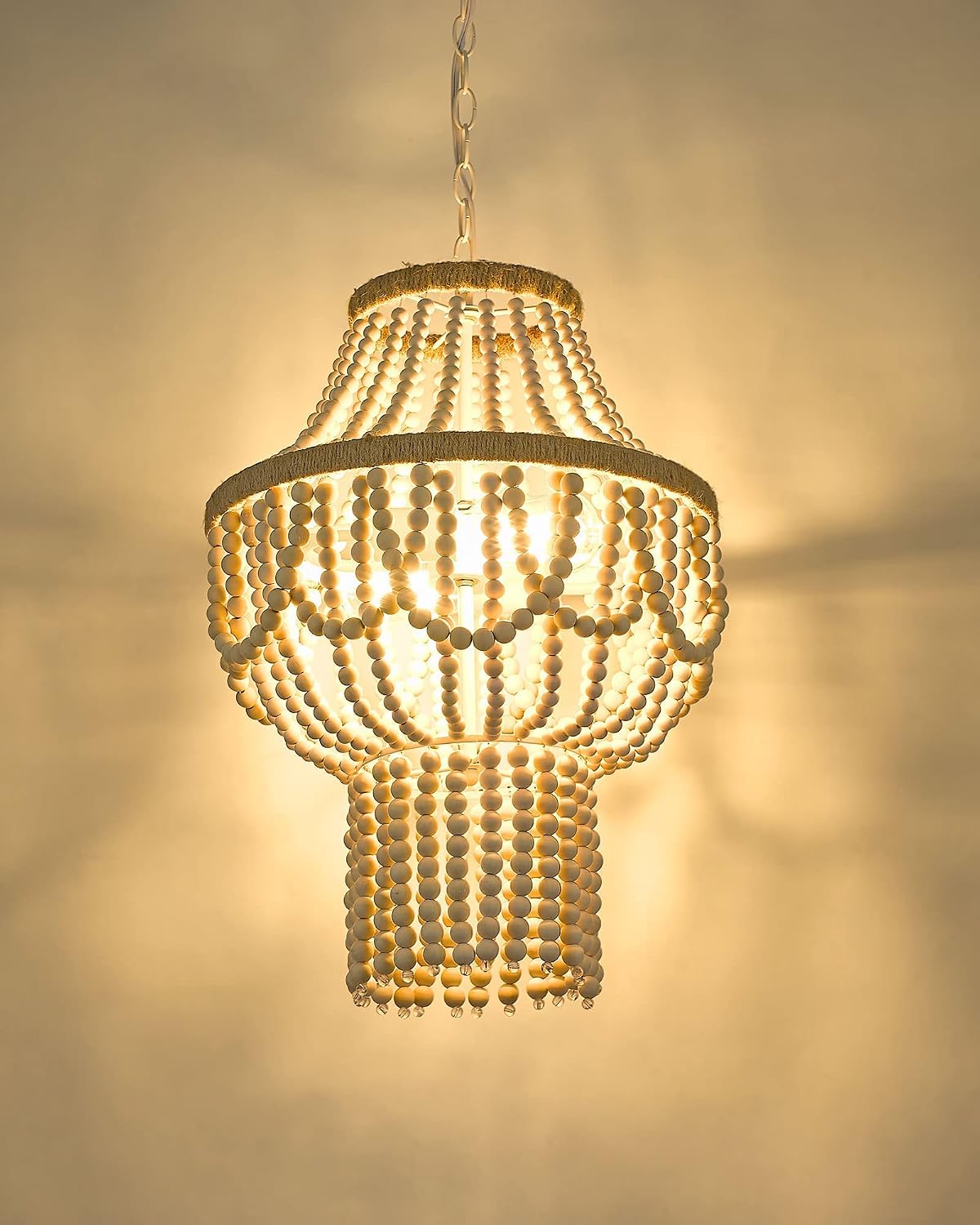 Boho Wood Beaded Pendant Chandelier Light