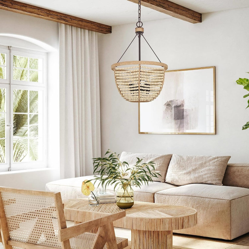 Boho Wood Beaded Farmhouse Chandelier Light