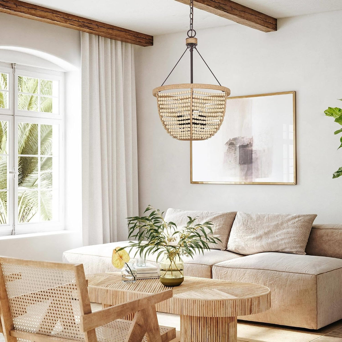 Boho Wood Beaded Farmhouse Chandelier Light