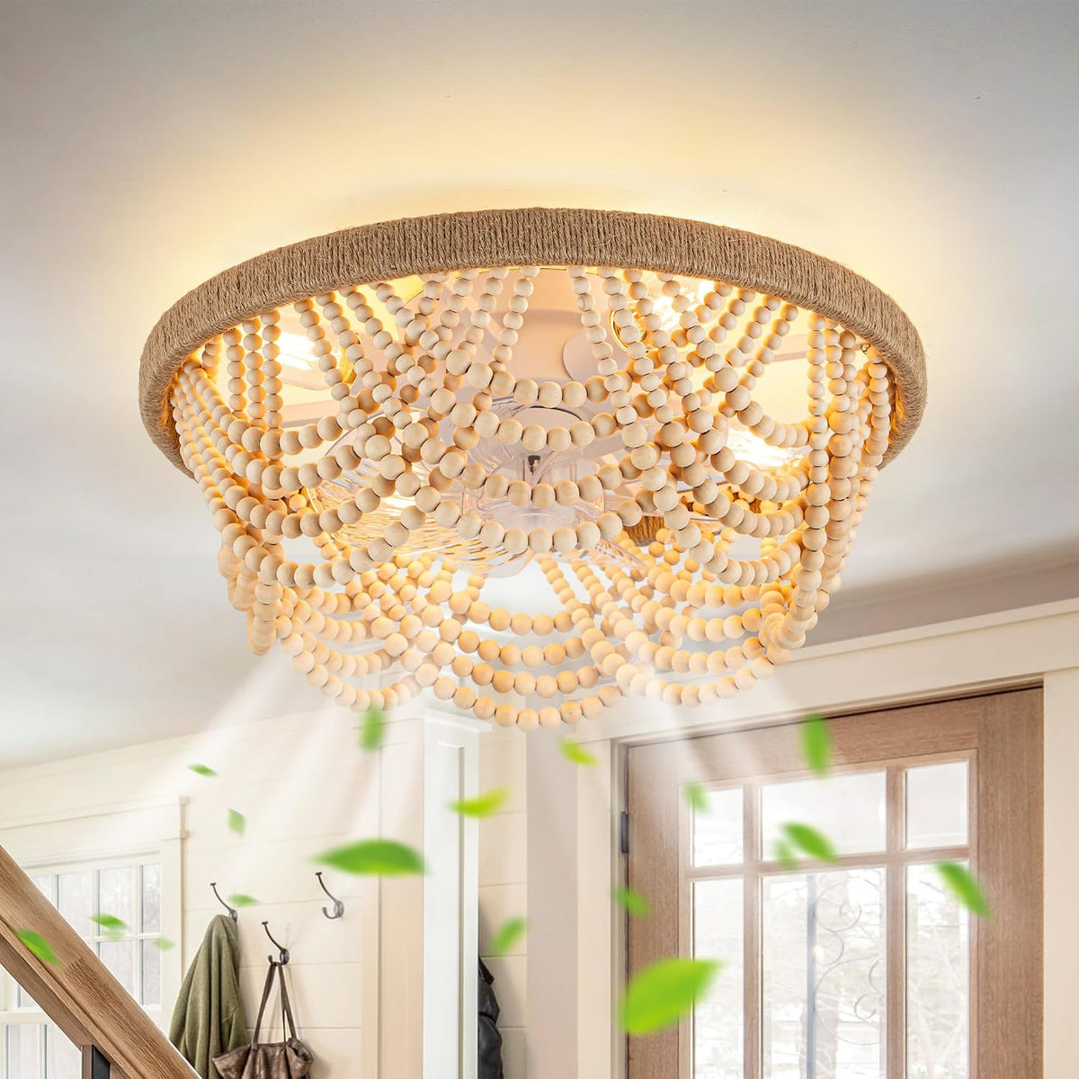 Boho Wood‑Beaded Ceiling Fan Light
