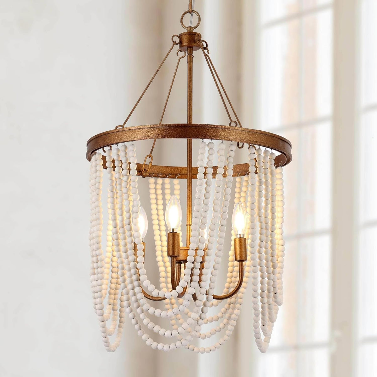 Boho Wood‑Beaded Gold Chandelier Light Fixture