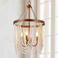 Boho Wood‑Beaded Gold Chandelier Light Fixture