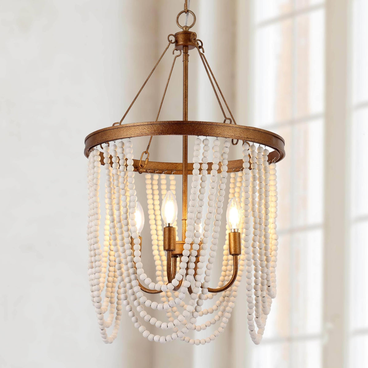 Boho Wood‑Beaded Gold Chandelier Light Fixture