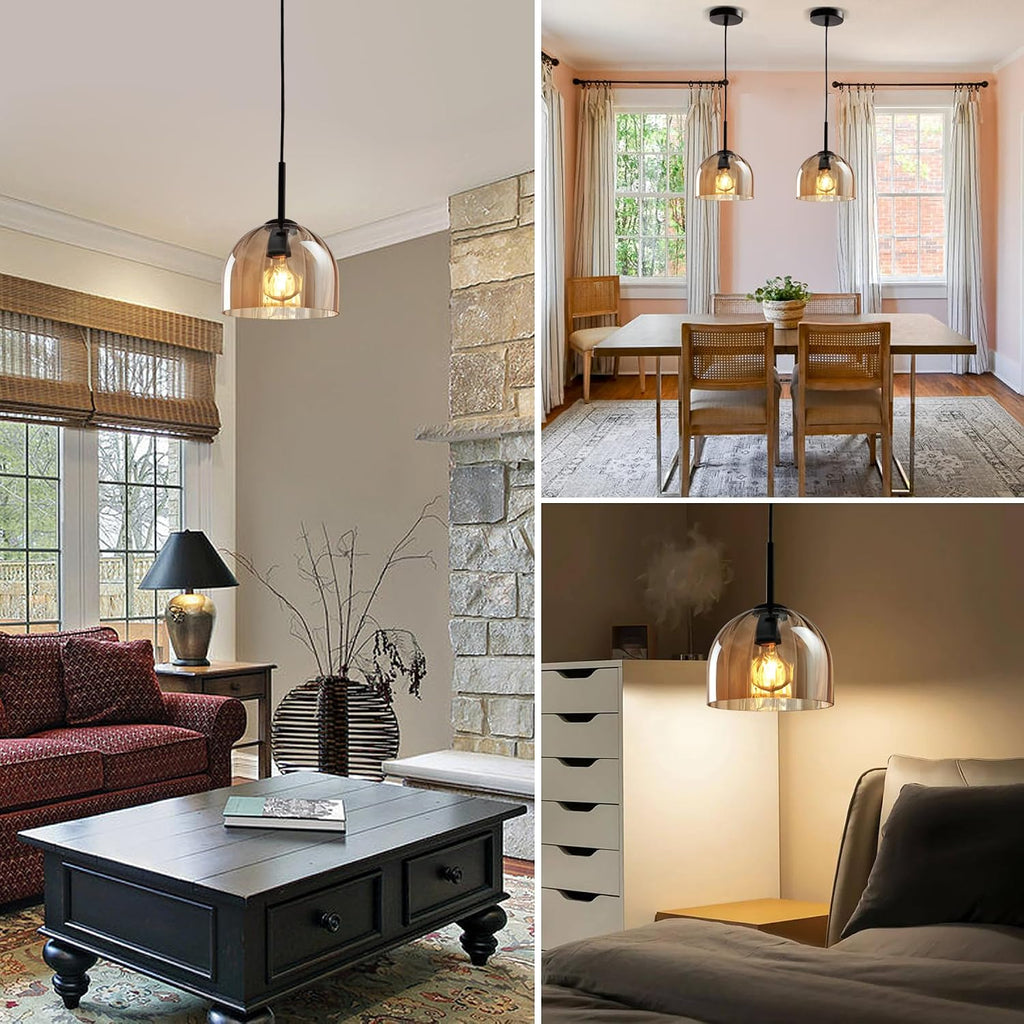 Black Ribbed Amber Glass Pendant Light Fixture