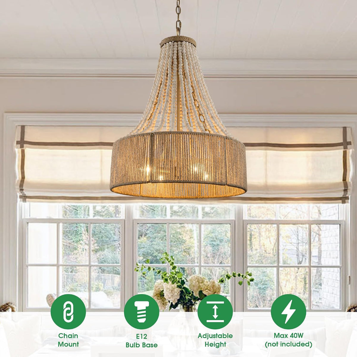 Farmhouse Wood Beaded Chandelier Light