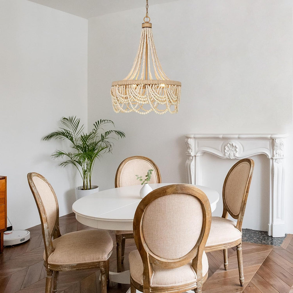 Boho Wood Beaded Ceiling Chandelier Light