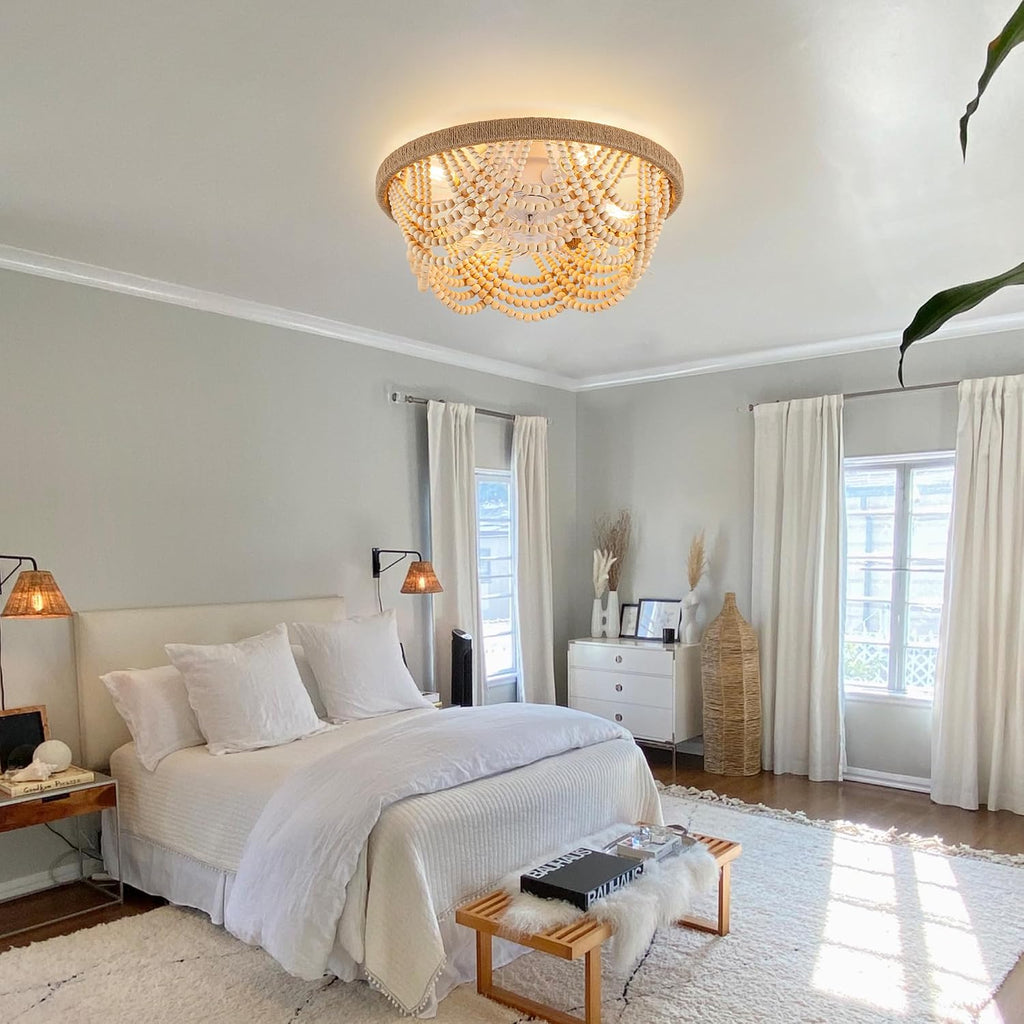 Boho Wood‑Beaded Ceiling Fan Light