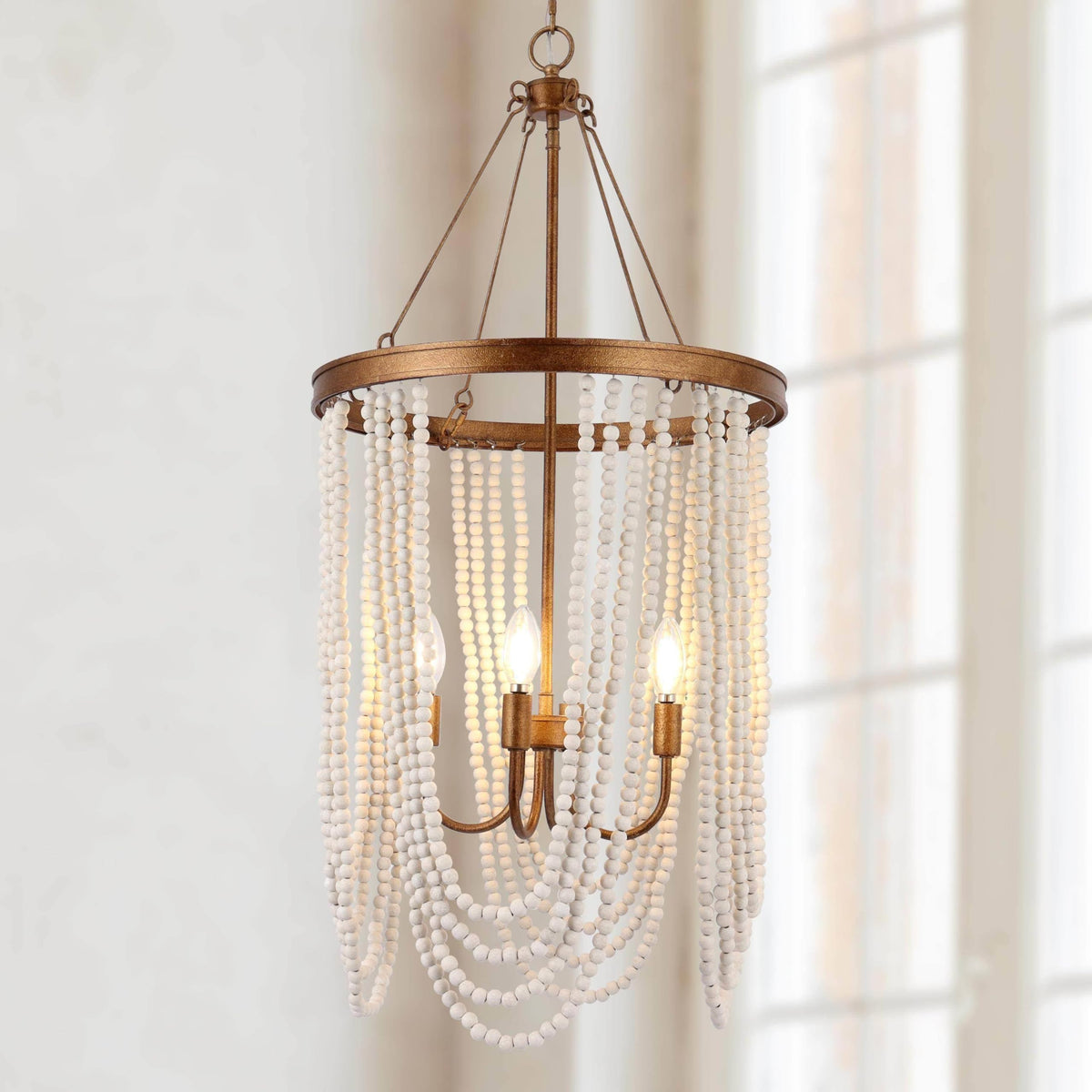 Boho Wood‑Beaded Gold Chandelier Light Fixture