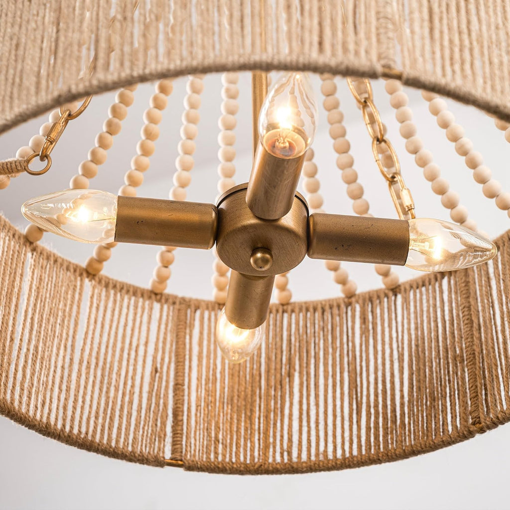 Farmhouse Wood Beaded Chandelier Light