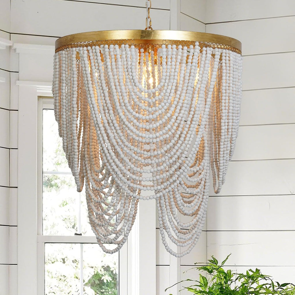 Boho Wood Beaded Entryway Chandelier Light