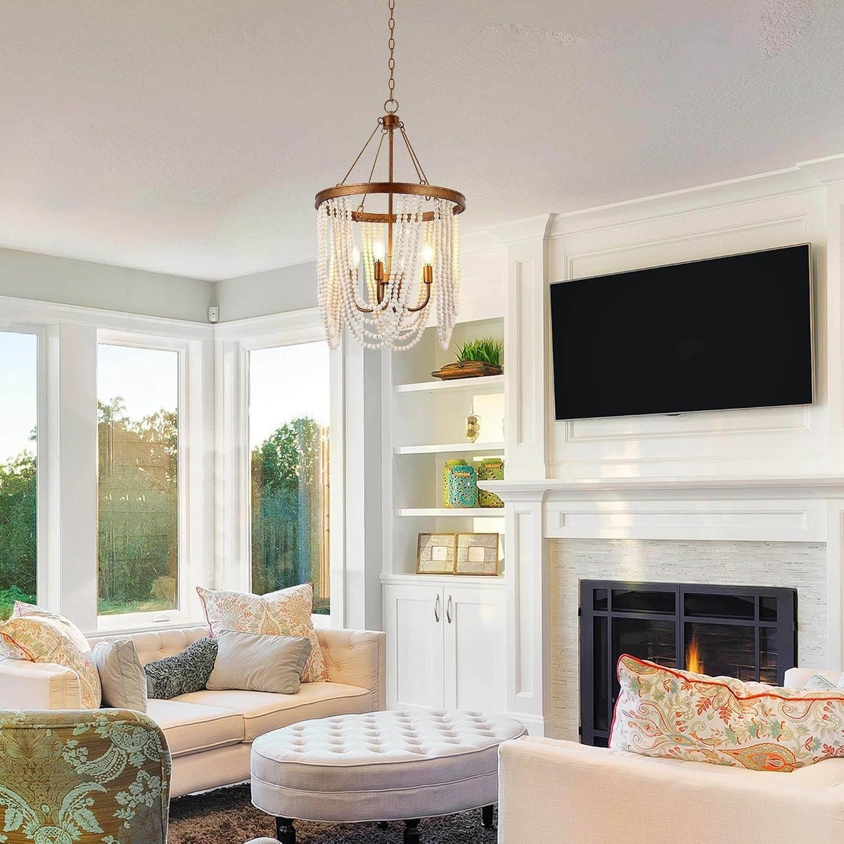 Boho Wood‑Beaded Gold Chandelier Light Fixture