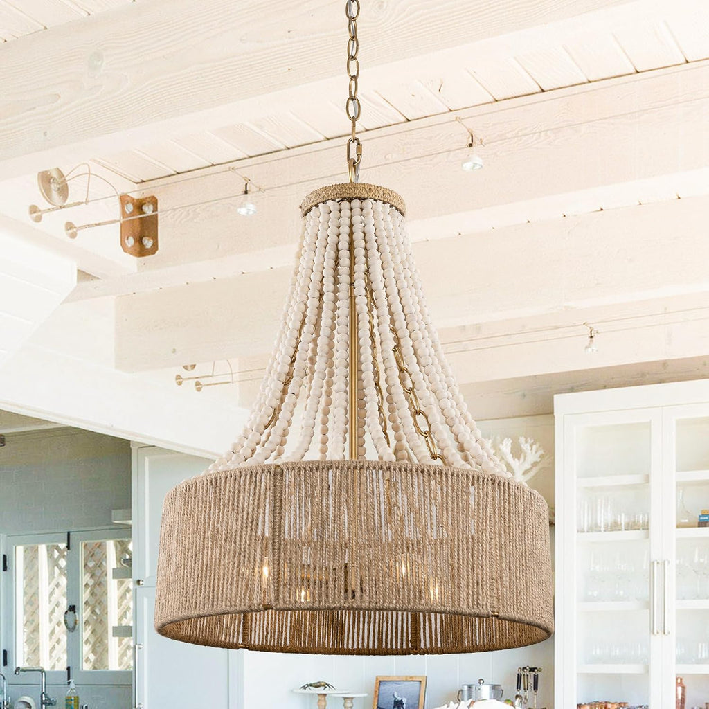 Farmhouse Wood Beaded Chandelier Light