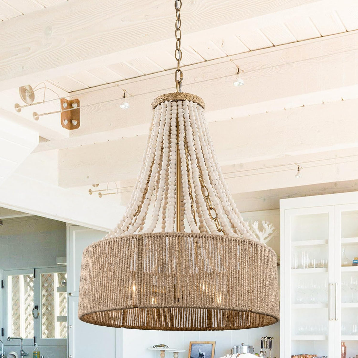 Farmhouse Wood Beaded Chandelier Light