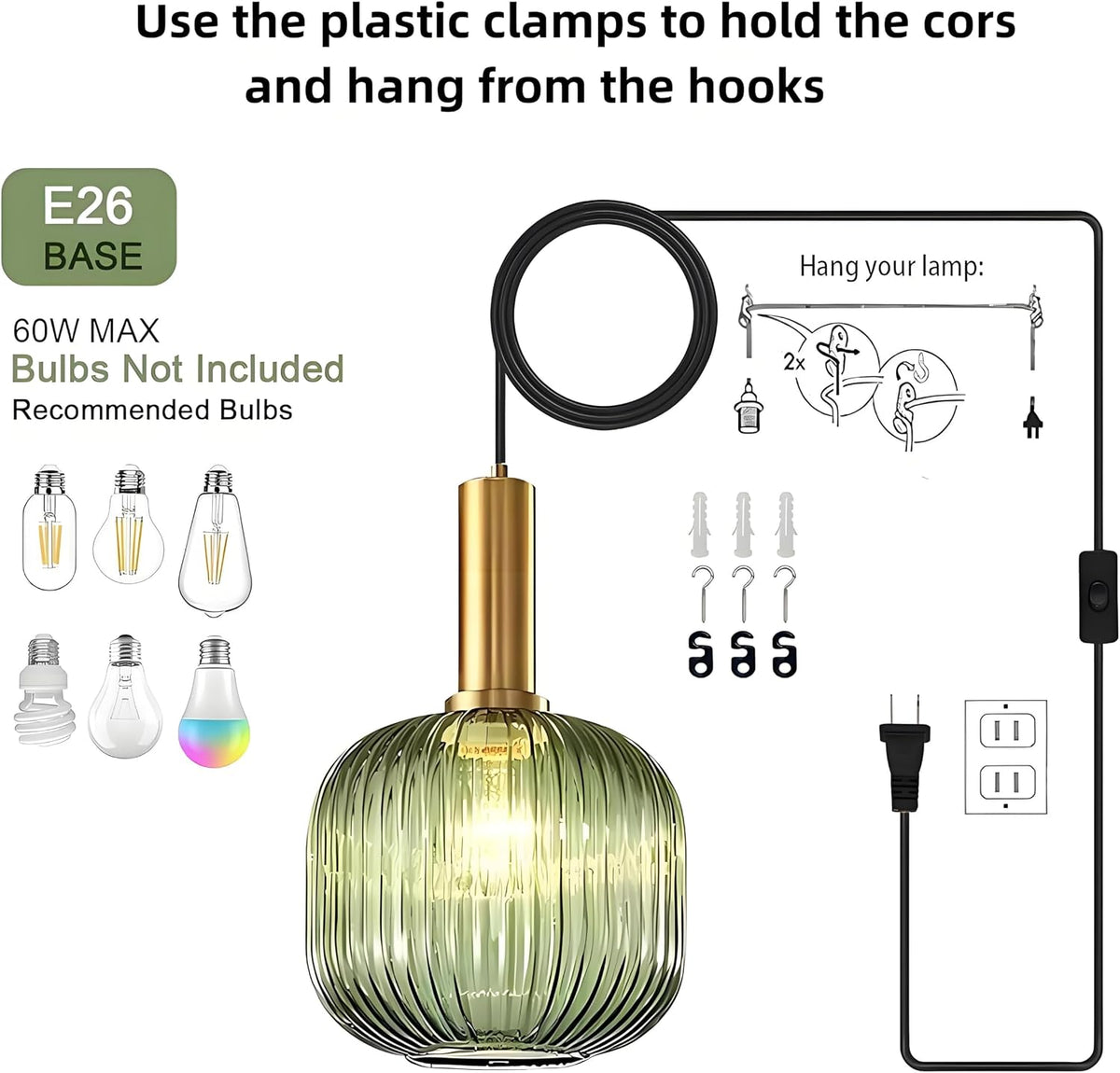 Modern Green Glass Plug‑in Pendant Light