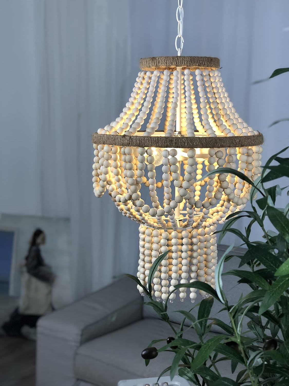 Boho Wood Beaded Pendant Chandelier Light